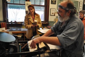 Andy Kahmann, A to Z Letterpress in Montevideo, demonstrates his letterpress during the 2012 Meander Art Crawl.