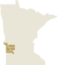 Map of Minnesota that points out the UMVRDC region of Big Stone, Chippewa, Swift, Lac qui Parle, and Yellow Medicine Counties.