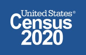 Census 2020 logo. White letters that say "United States Census 2020" on a blue background. 